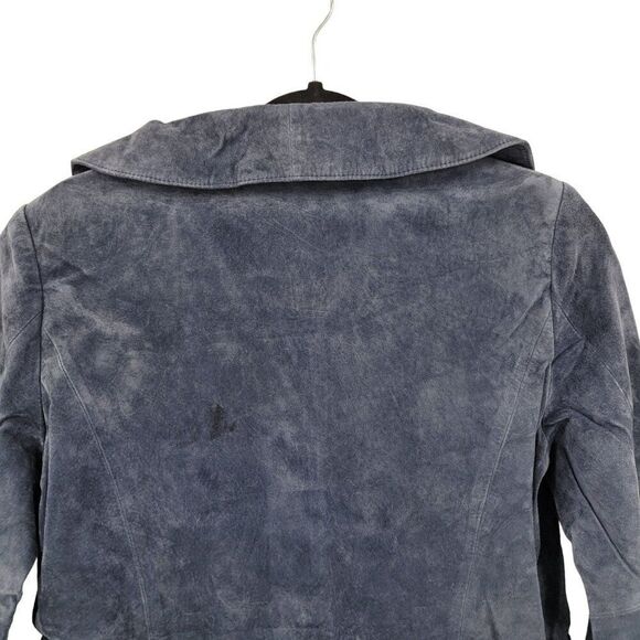 Vintage Suede Leather Scalloped Bell Cropped Blazer Jacket 12 Blue Shawl Peplum - Picture 8 of 11